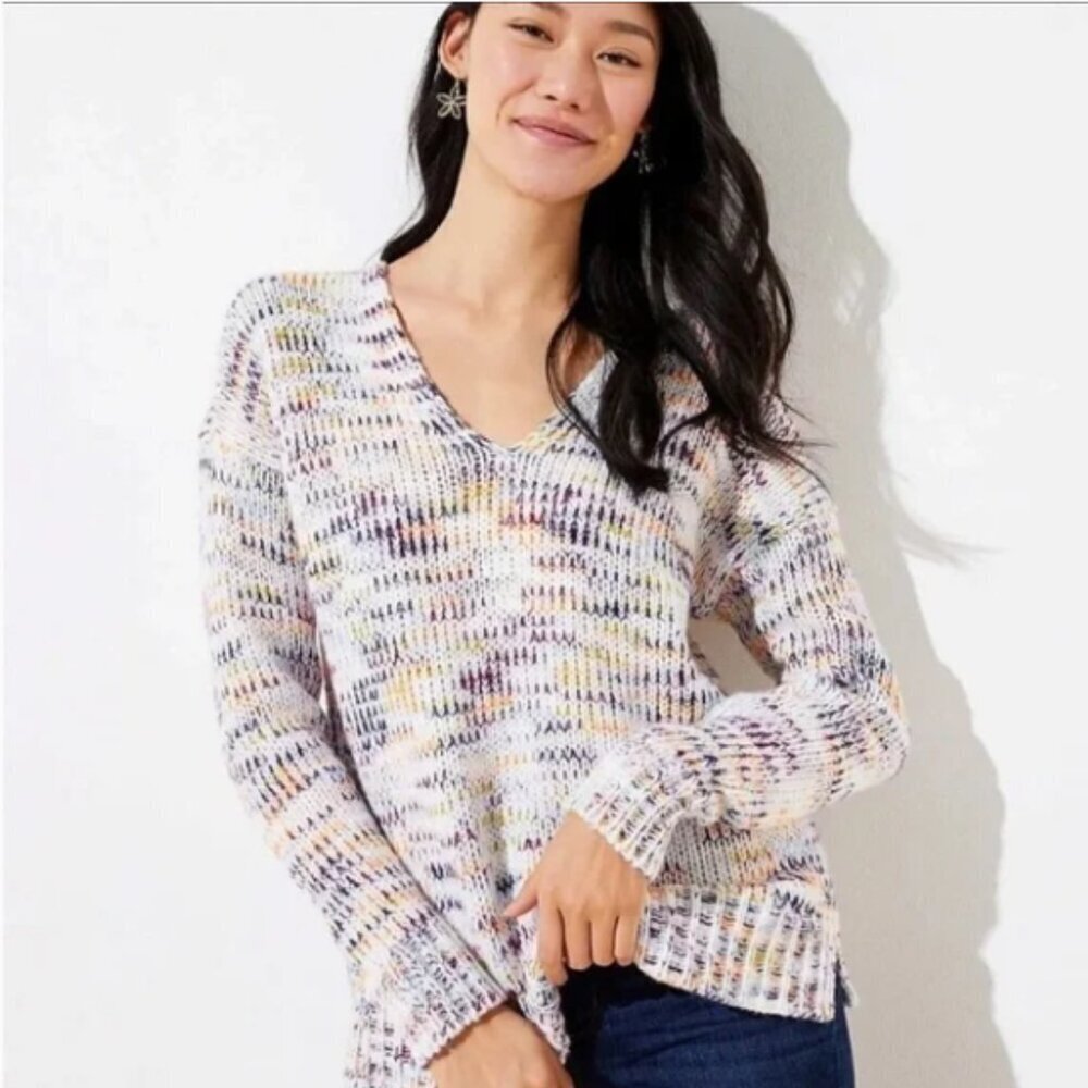LOFT Multicolor Space-dye Double V Neck Chunky Knit Oversized Sweater Size Large